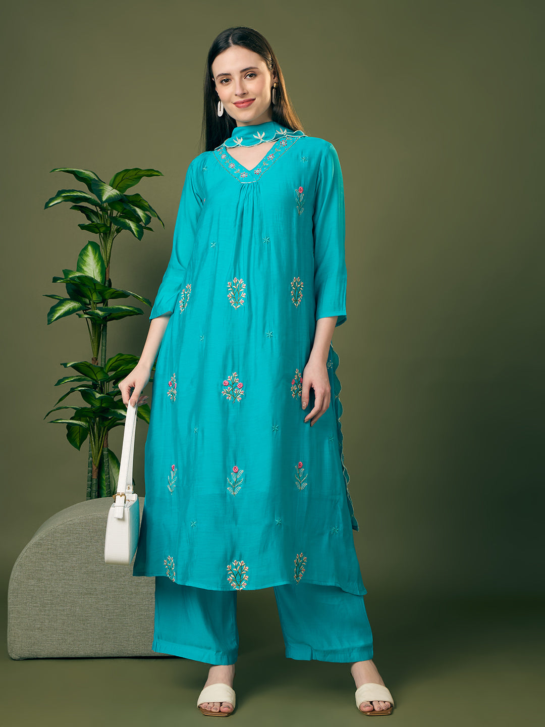 Solid Threadwork Embroidered A-Line Kurta with Palazzo & Dupatta - Turquoise Blue
