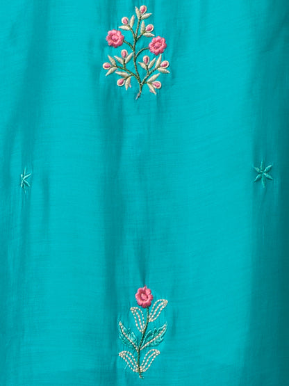 Solid Threadwork Embroidered A-Line Kurta with Palazzo & Dupatta - Turquoise Blue