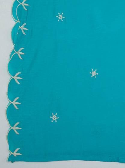 Solid Threadwork Embroidered A-Line Kurta with Palazzo & Dupatta - Turquoise Blue