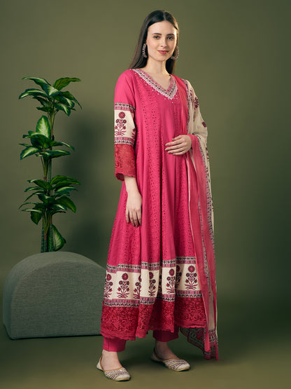 Solid Schiffli Floral Embroidered Anarkali with Pant & Dupatta - Pink