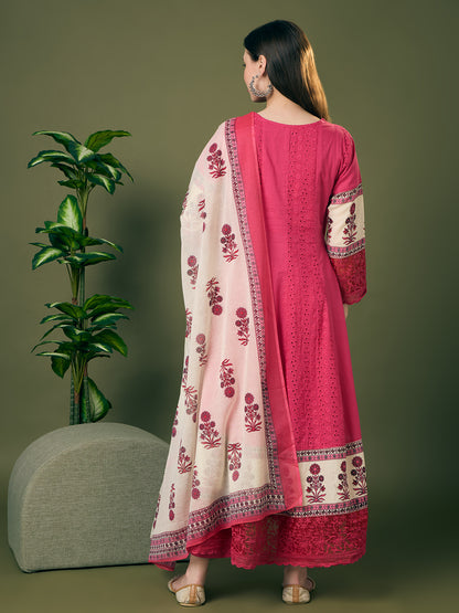 Solid Schiffli Floral Embroidered Anarkali with Pant & Dupatta - Pink