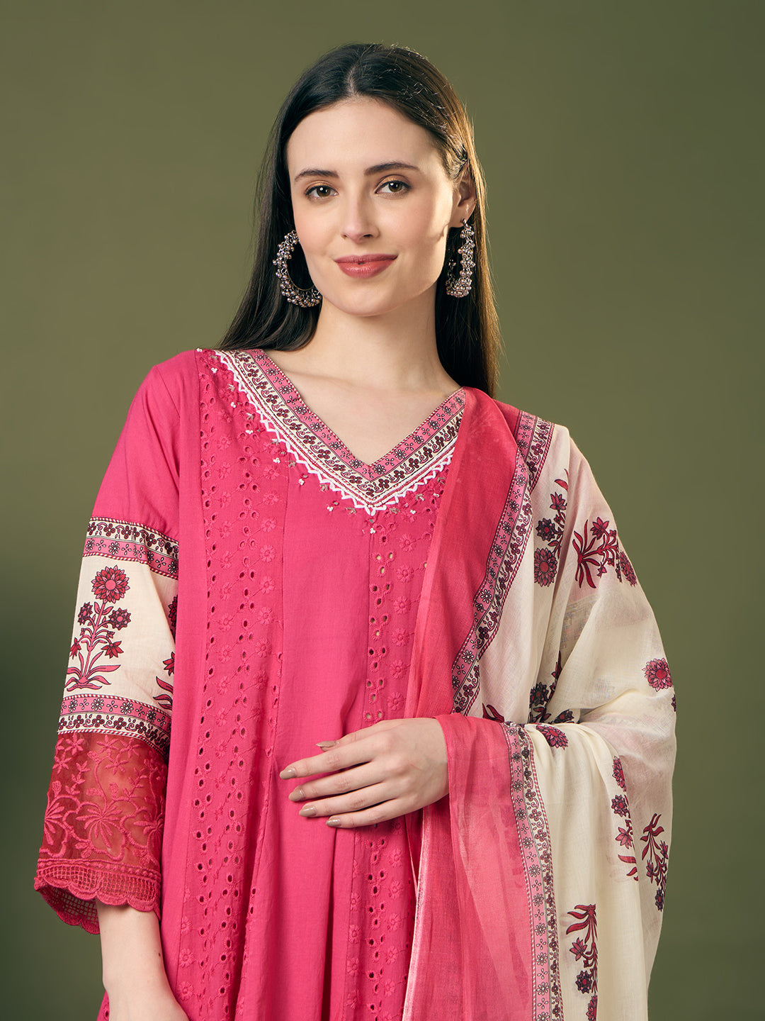 Solid Schiffli Floral Embroidered Anarkali with Pant & Dupatta - Pink