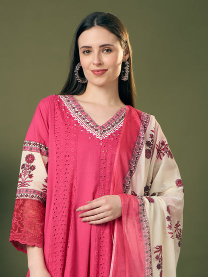 Solid Schiffli Floral Embroidered Anarkali with Pant & Dupatta - Pink