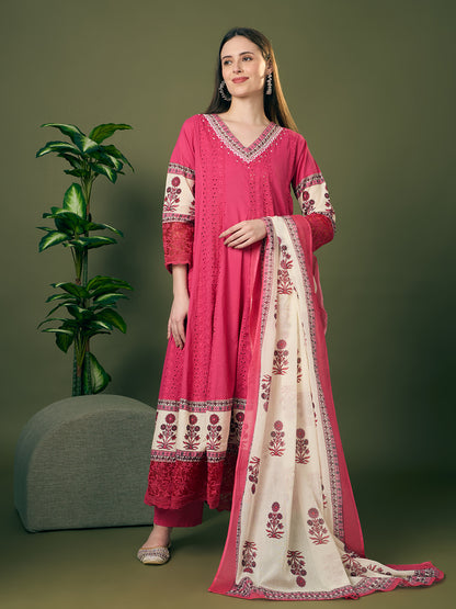 Solid Schiffli Floral Embroidered Anarkali with Pant & Dupatta - Pink