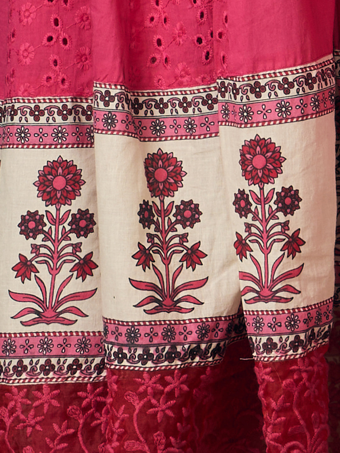 Solid Schiffli Floral Embroidered Anarkali with Pant & Dupatta - Pink