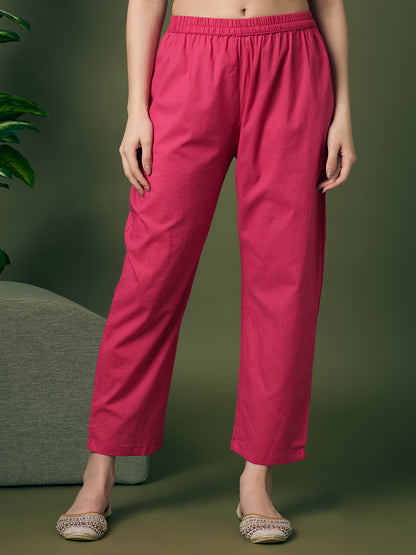 Solid Schiffli Floral Embroidered Anarkali with Pant & Dupatta - Pink