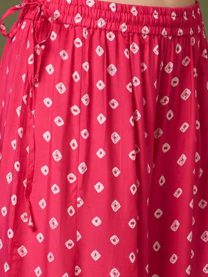 Festive Bandhani Printed Mirror Embroidered Straight Fit Kurta with Flared Palazzo and Dupatta - Pink