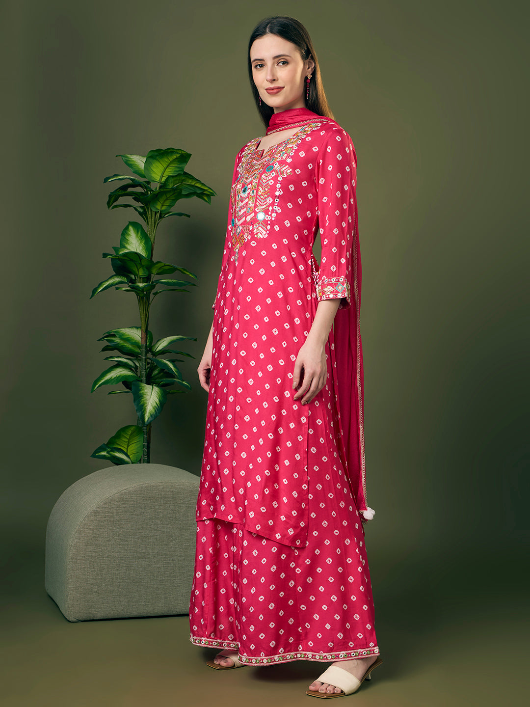 Festive Bandhani Printed Mirror Embroidered Straight Fit Kurta with Flared Palazzo and Dupatta - Pink