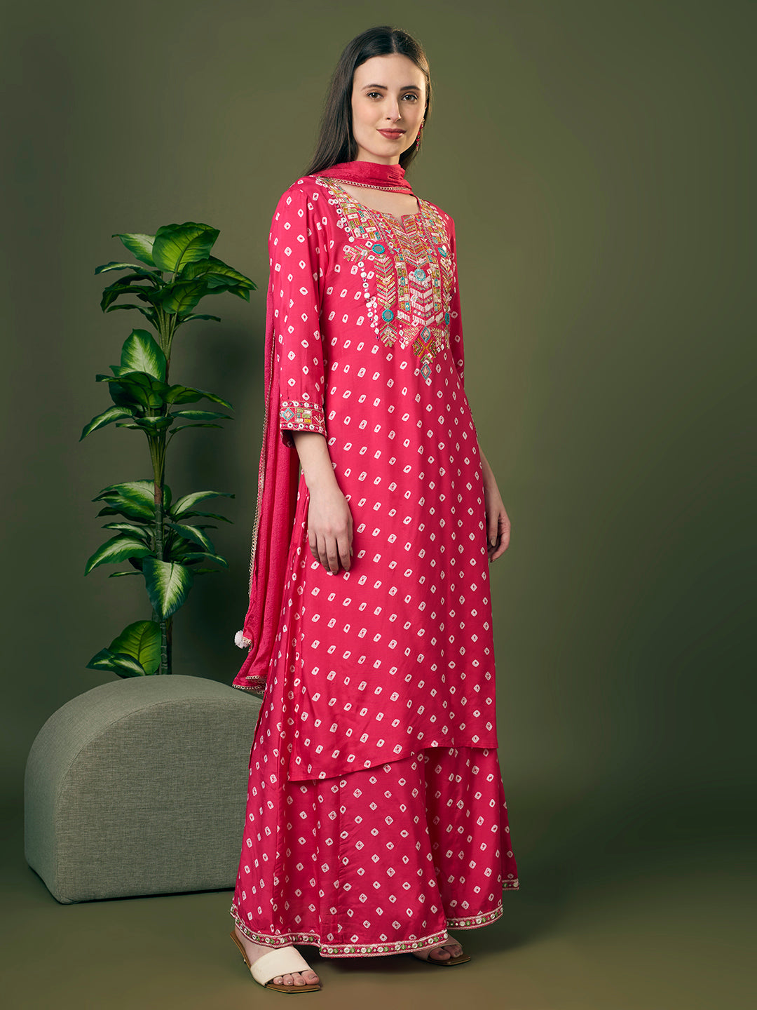 Festive Bandhani Printed Mirror Embroidered Straight Fit Kurta with Flared Palazzo and Dupatta - Pink