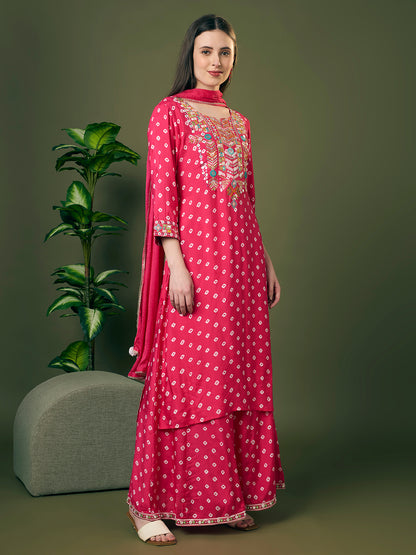 Festive Bandhani Printed Mirror Embroidered Straight Fit Kurta with Flared Palazzo and Dupatta - Pink