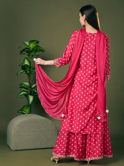 Festive Bandhani Printed Mirror Embroidered Straight Fit Kurta with Flared Palazzo and Dupatta - Pink