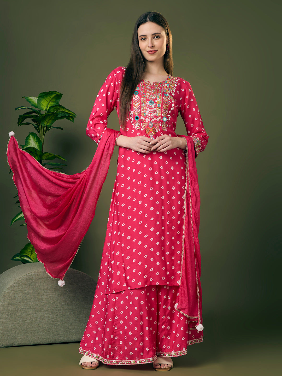 Festive Bandhani Printed Mirror Embroidered Straight Fit Kurta with Flared Palazzo and Dupatta - Pink