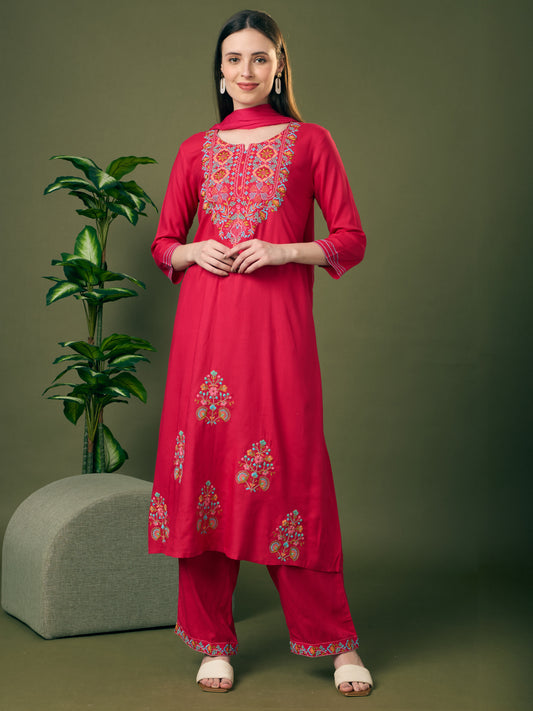 Solid Floral Threadwork Embroidered A-Line Kurta with Palazzo & Dupatta - Rani