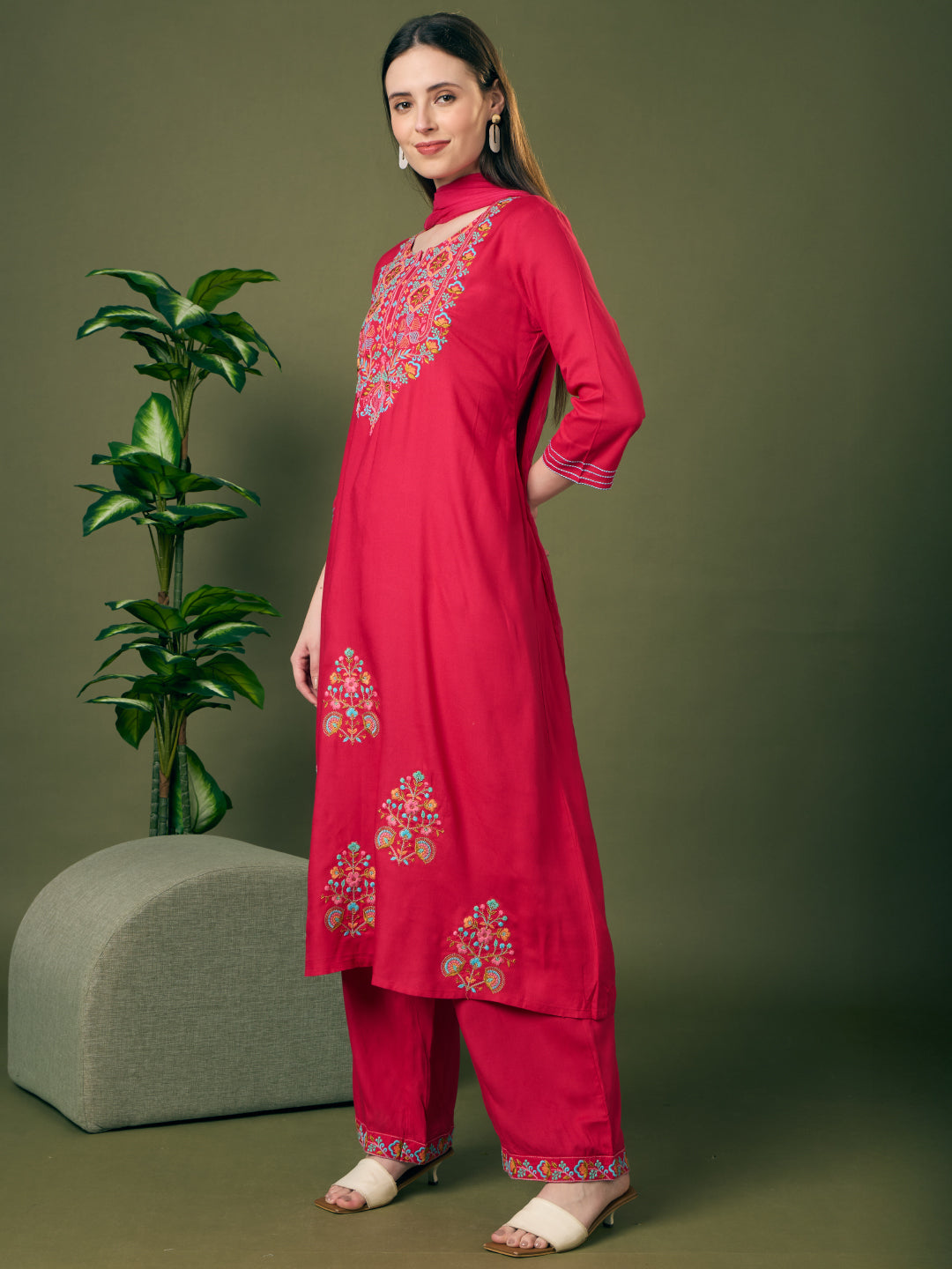Solid Floral Threadwork Embroidered A-Line Kurta with Palazzo & Dupatta - Rani