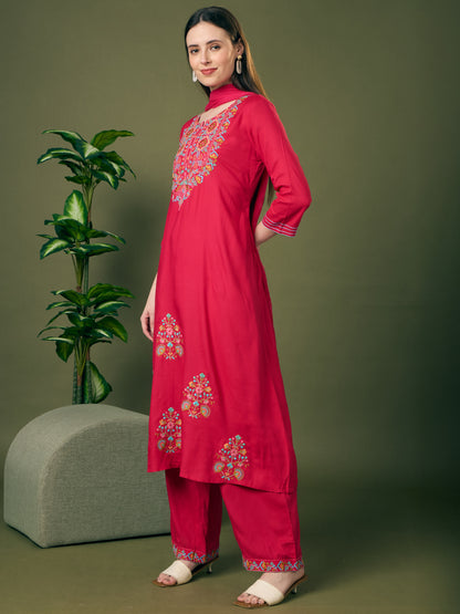 Solid Floral Threadwork Embroidered A-Line Kurta with Palazzo & Dupatta - Rani