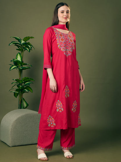 Solid Floral Threadwork Embroidered A-Line Kurta with Palazzo & Dupatta - Rani