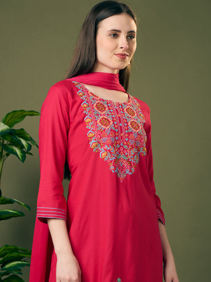 Solid Floral Threadwork Embroidered A-Line Kurta with Palazzo & Dupatta - Rani