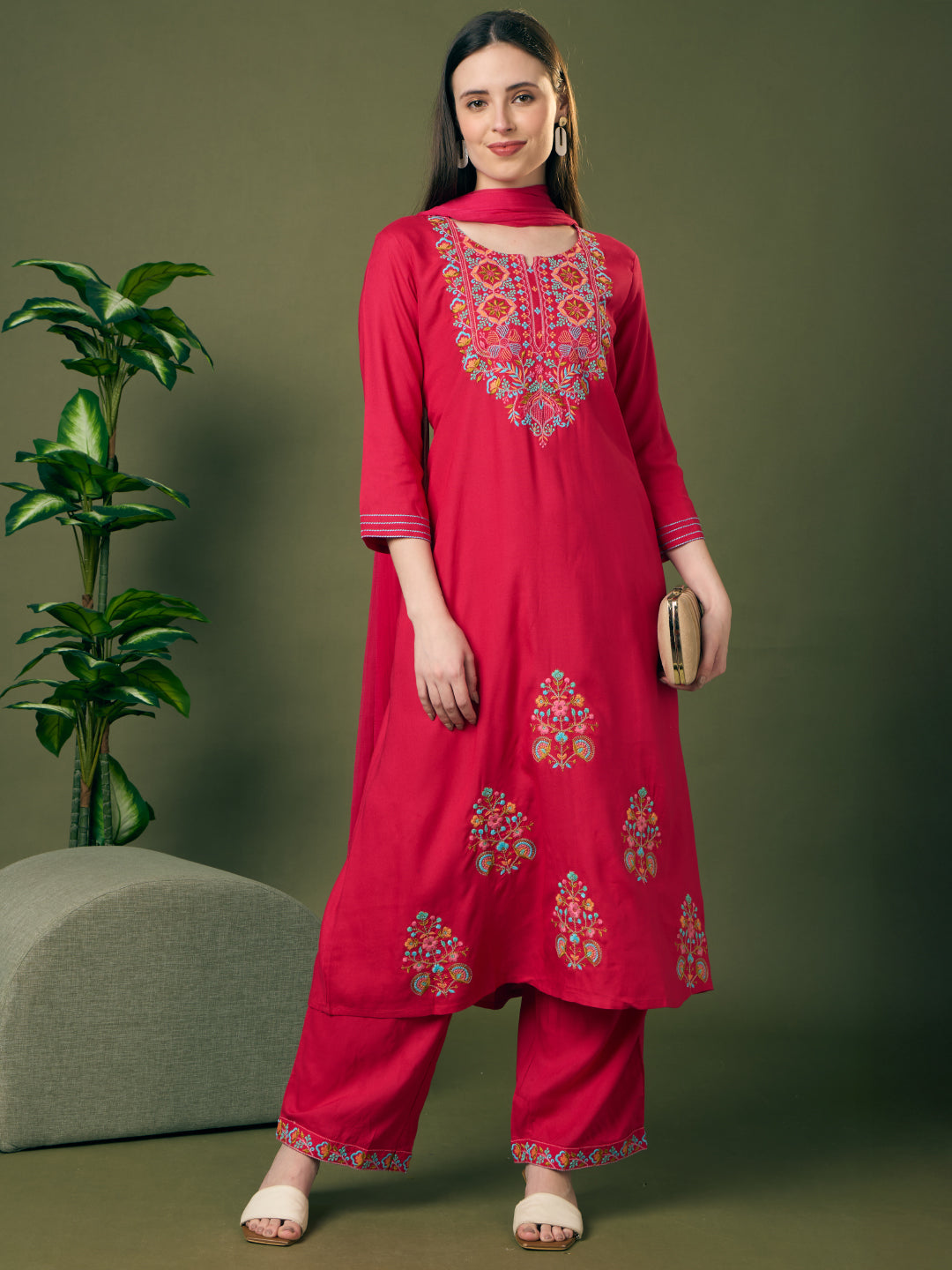 Solid Floral Threadwork Embroidered A-Line Kurta with Palazzo & Dupatta - Rani