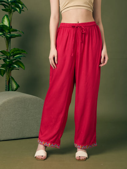 Solid Floral Threadwork Embroidered A-Line Kurta with Palazzo & Dupatta - Rani