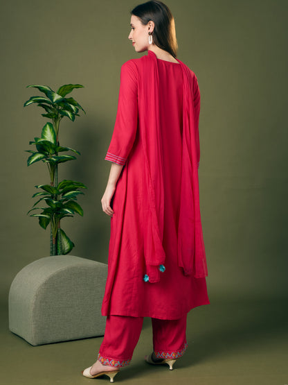 Solid Floral Threadwork Embroidered A-Line Kurta with Palazzo & Dupatta - Rani