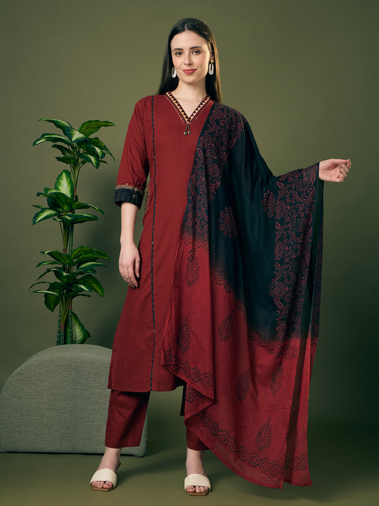 Solid Straight Fit Cotton Kurta with Pant & Ombre Dupatta - Maroon