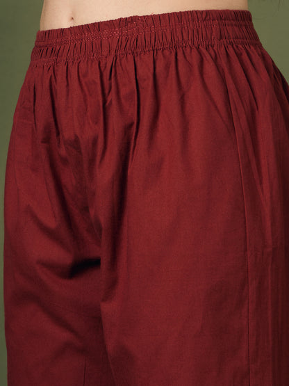 Solid Straight Fit Cotton Kurta with Pant & Ombre Dupatta - Maroon