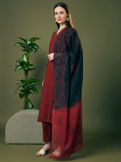 Solid Straight Fit Cotton Kurta with Pant & Ombre Dupatta - Maroon