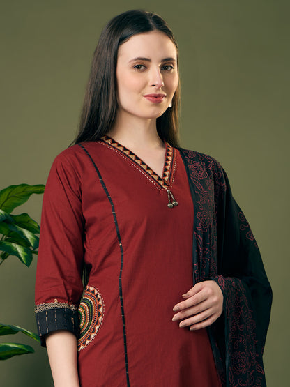 Solid Straight Fit Cotton Kurta with Pant & Ombre Dupatta - Maroon