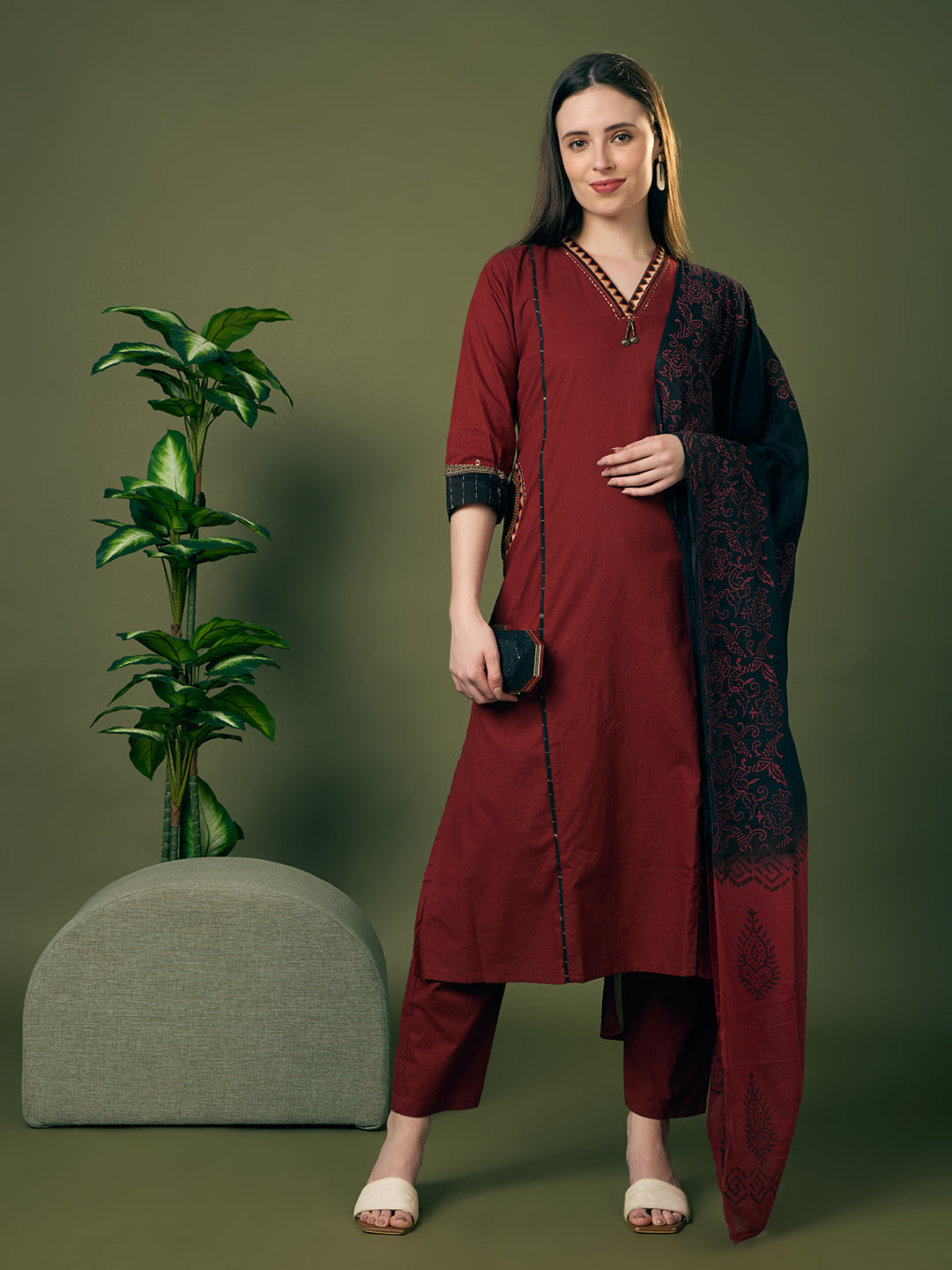 Solid Straight Fit Cotton Kurta with Pant & Ombre Dupatta - Maroon
