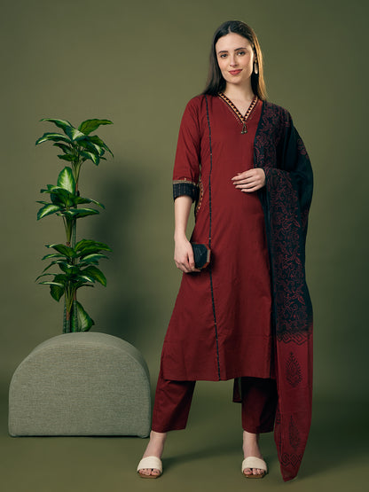 Solid Straight Fit Cotton Kurta with Pant & Ombre Dupatta - Maroon