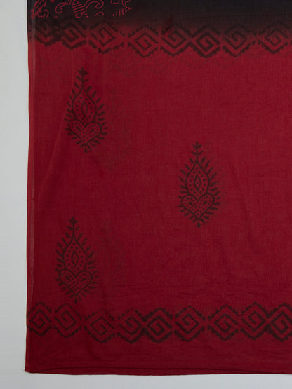 Solid Straight Fit Cotton Kurta with Pant & Ombre Dupatta - Maroon