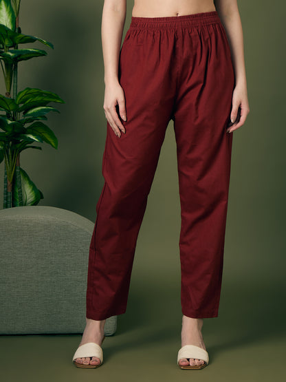 Solid Straight Fit Cotton Kurta with Pant & Ombre Dupatta - Maroon