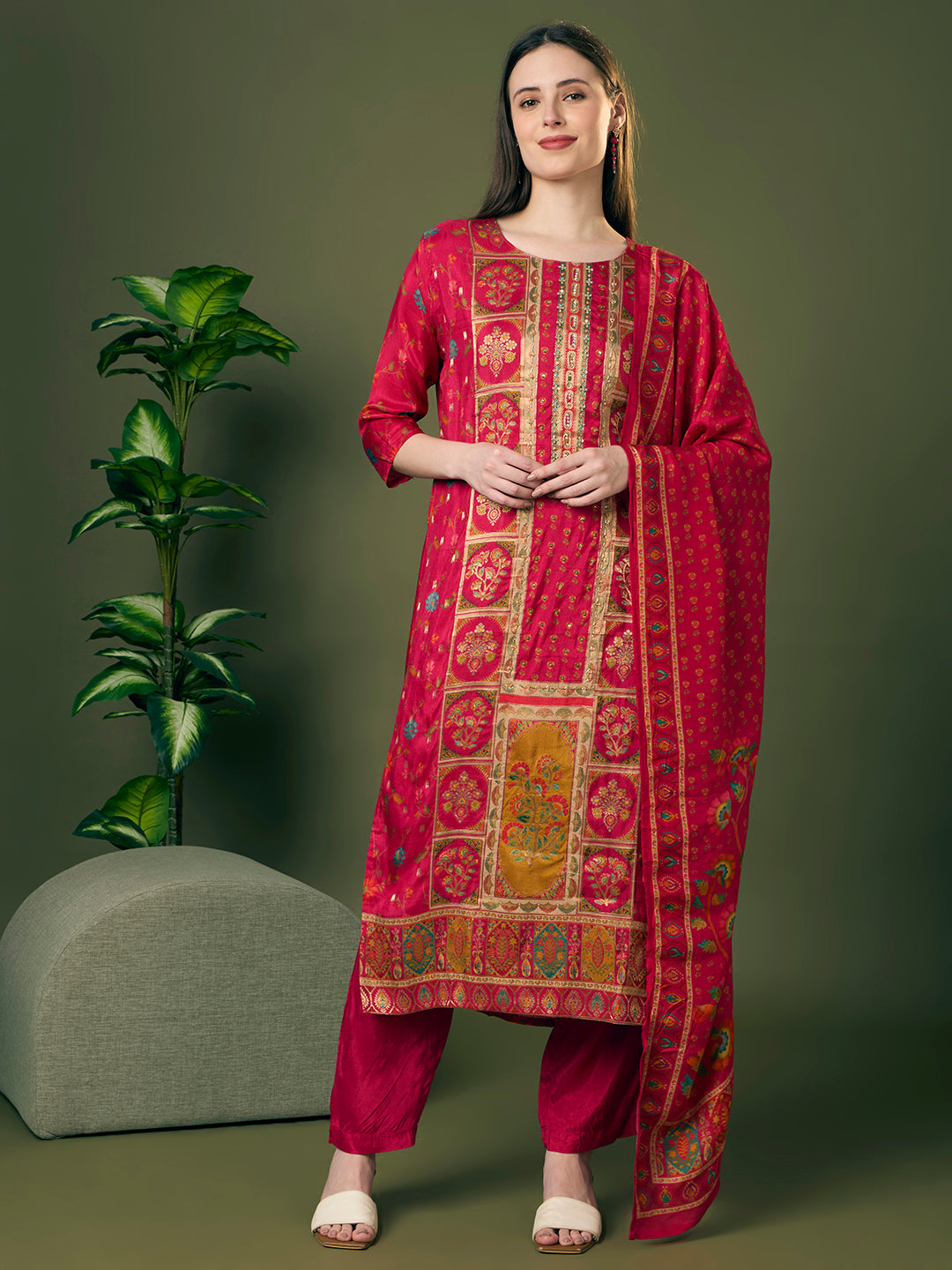 Festive Floral Printed & Embroidered Straight Kurta with Pant & Dupatta - Rani