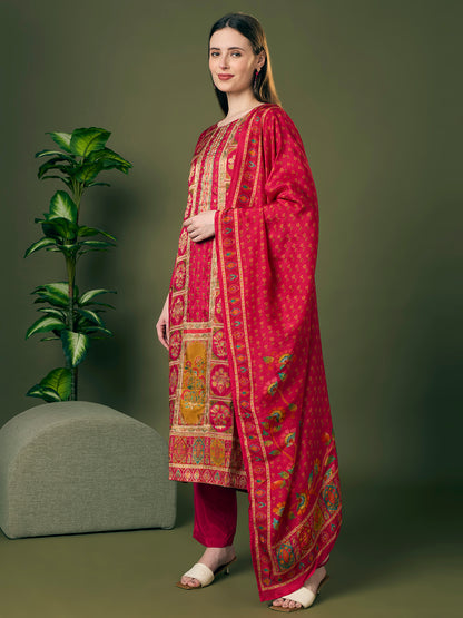 Festive Floral Printed & Embroidered Straight Kurta with Pant & Dupatta - Rani