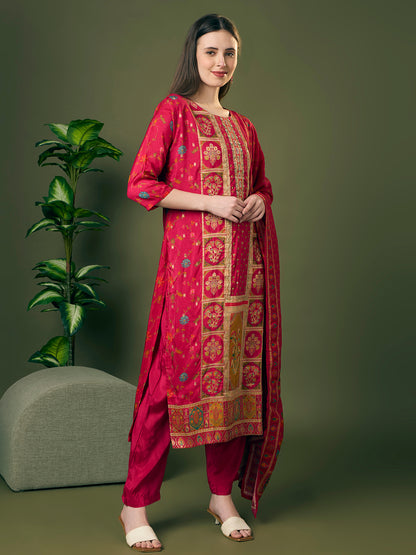 Festive Floral Printed & Embroidered Straight Kurta with Pant & Dupatta - Rani