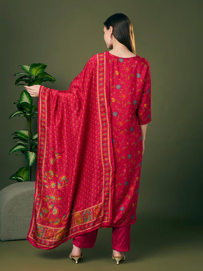 Festive Floral Printed & Embroidered Straight Kurta with Pant & Dupatta - Rani
