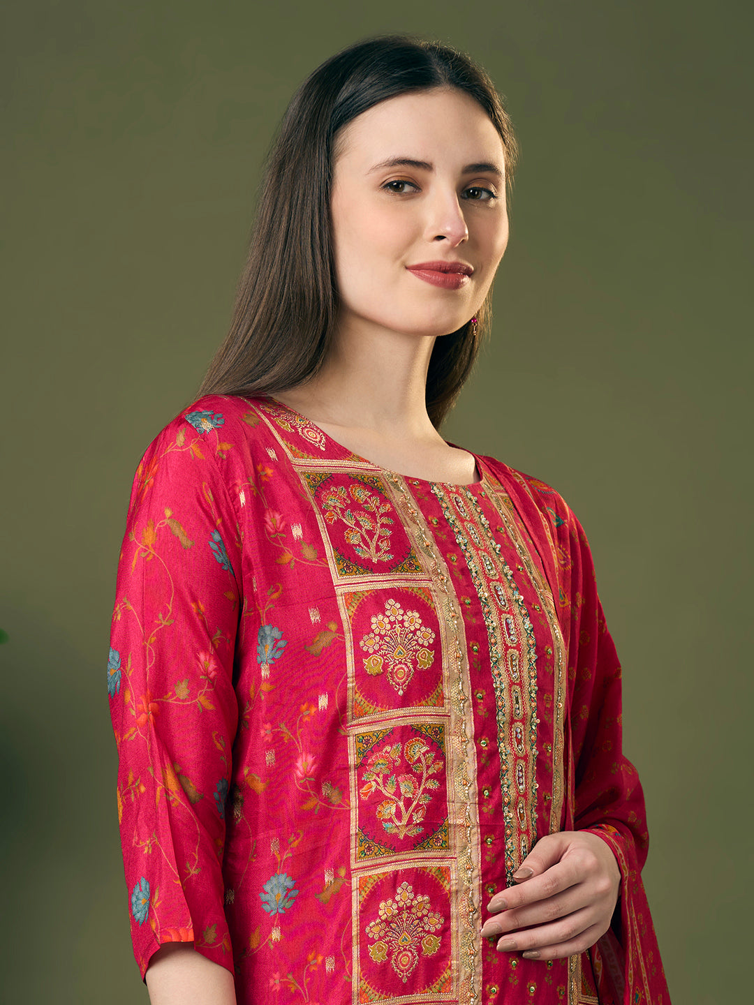 Festive Floral Printed & Embroidered Straight Kurta with Pant & Dupatta - Rani