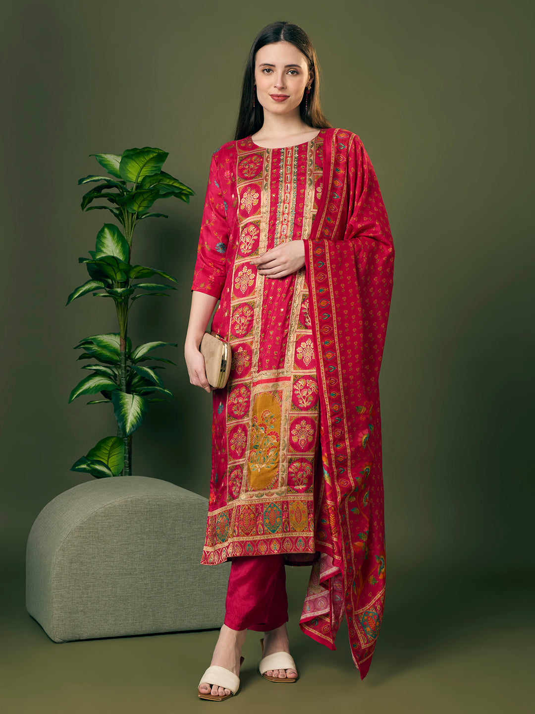 Festive Floral Printed & Embroidered Straight Kurta with Pant & Dupatta - Rani