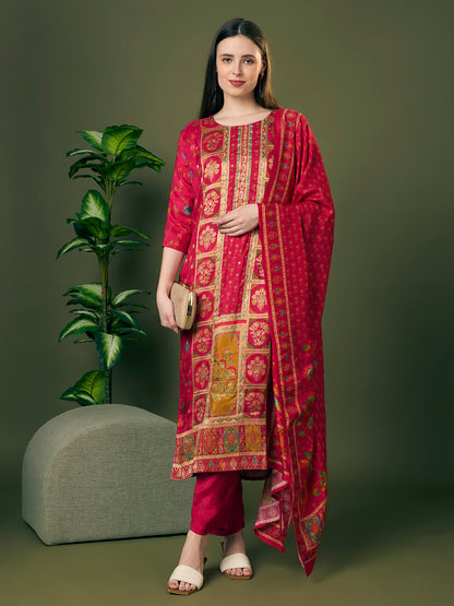 Festive Floral Printed & Embroidered Straight Kurta with Pant & Dupatta - Rani