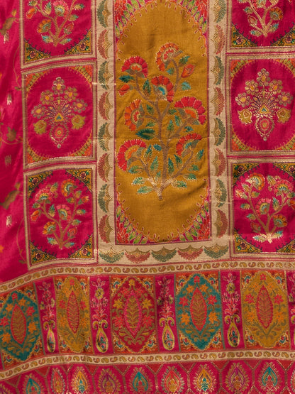 Festive Floral Printed & Embroidered Straight Kurta with Pant & Dupatta - Rani