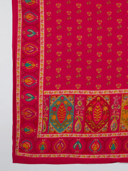 Festive Floral Printed & Embroidered Straight Kurta with Pant & Dupatta - Rani