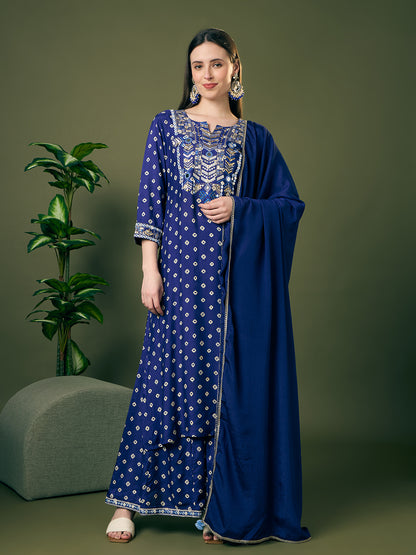 Festive Bandhani Printed Mirror Embroidered Straight Fit Kurta with Flared Palazzo and Dupatta - Navy Blue
