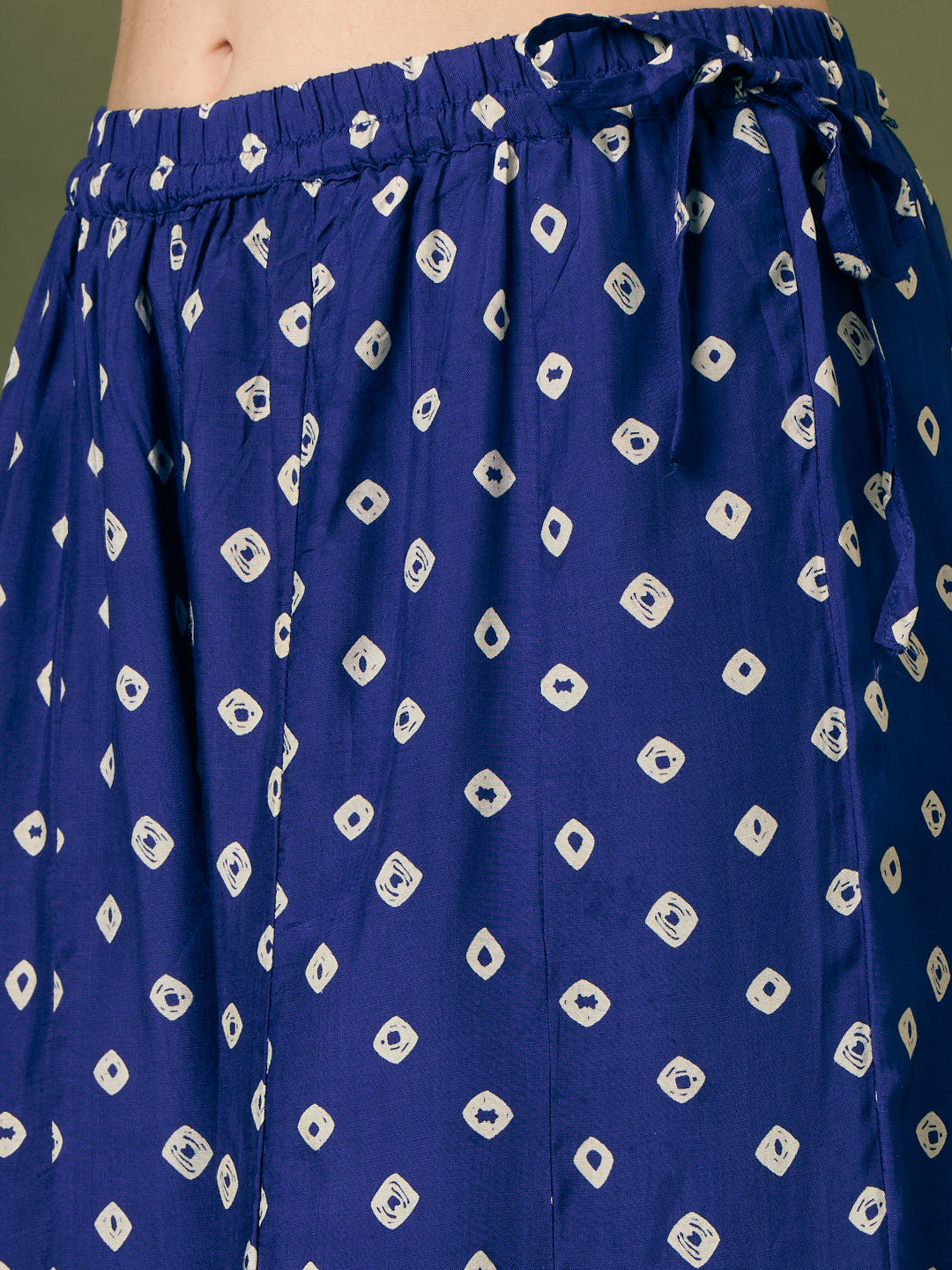 Festive Bandhani Printed Mirror Embroidered Straight Fit Kurta with Flared Palazzo and Dupatta - Navy Blue