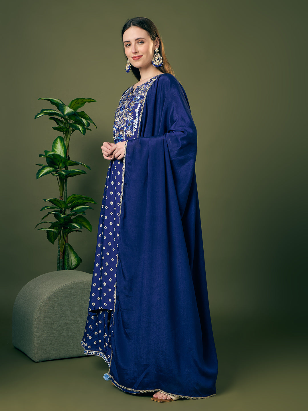 Festive Bandhani Printed Mirror Embroidered Straight Fit Kurta with Flared Palazzo and Dupatta - Navy Blue