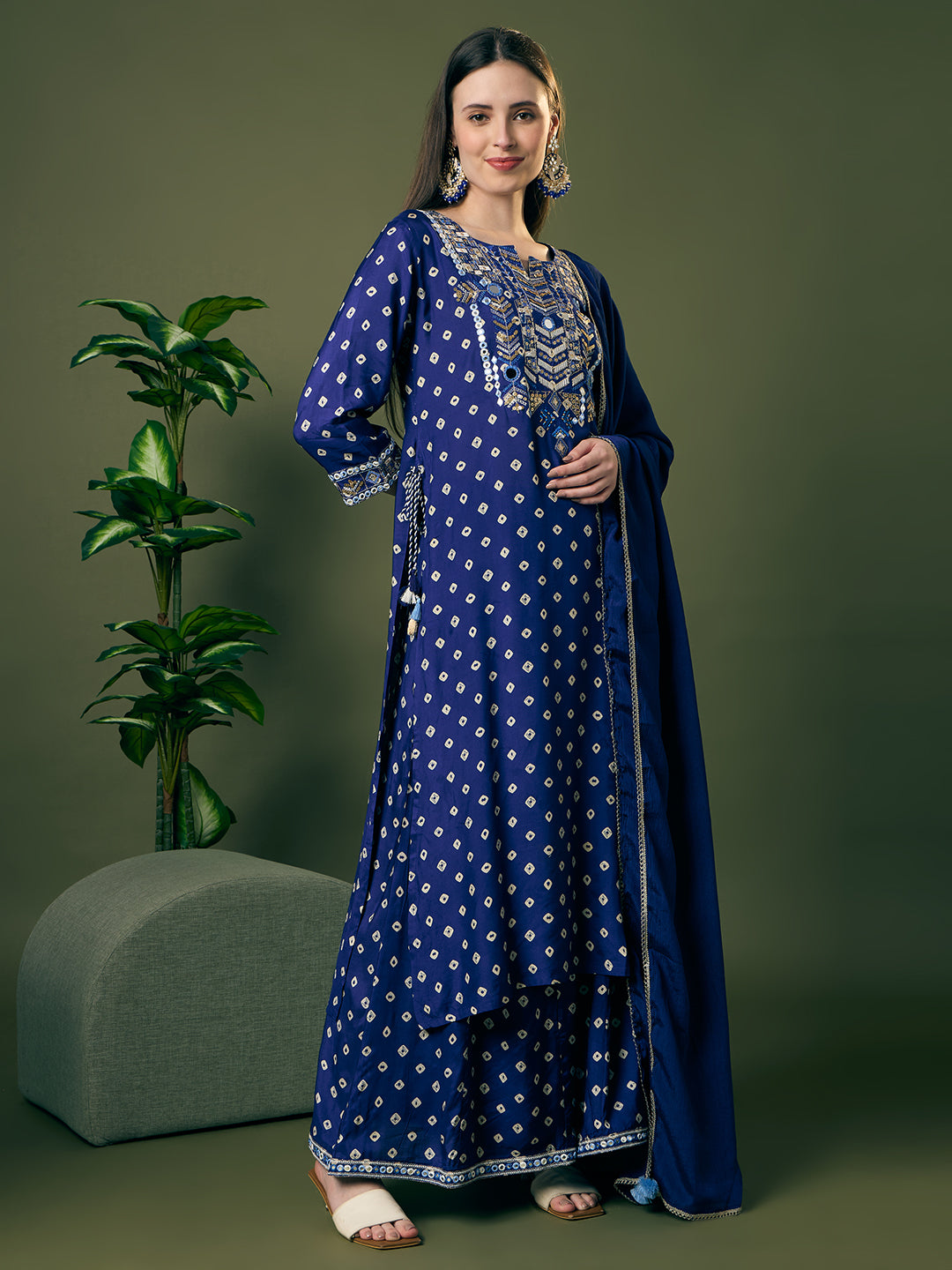Festive Bandhani Printed Mirror Embroidered Straight Fit Kurta with Flared Palazzo and Dupatta - Navy Blue