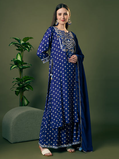 Festive Bandhani Printed Mirror Embroidered Straight Fit Kurta with Flared Palazzo and Dupatta - Navy Blue