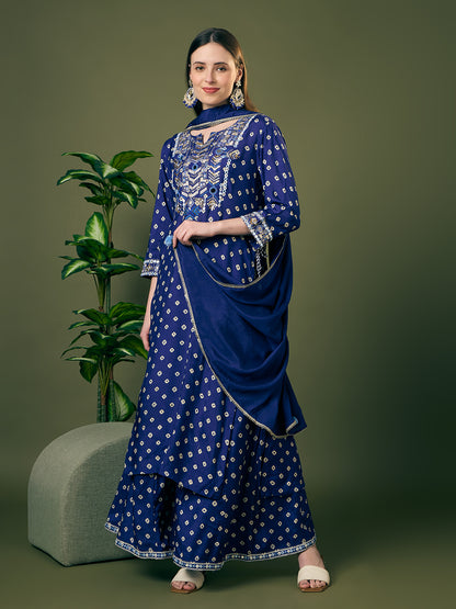 Festive Bandhani Printed Mirror Embroidered Straight Fit Kurta with Flared Palazzo and Dupatta - Navy Blue