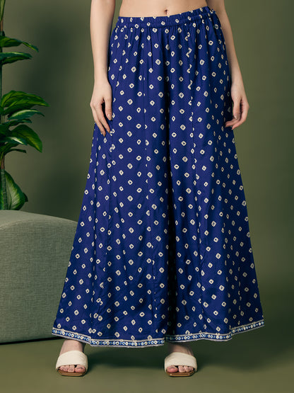 Festive Bandhani Printed Mirror Embroidered Straight Fit Kurta with Flared Palazzo and Dupatta - Navy Blue