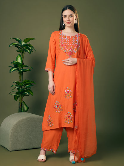 Solid Floral Threadwork Embroidered A-Line Kurta with Palazzo & Dupatta - Orange