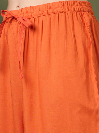 Solid Floral Threadwork Embroidered A-Line Kurta with Palazzo & Dupatta - Orange